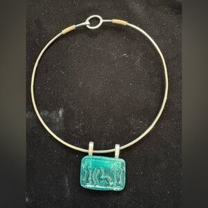 Handmade Glass Cast Sumerian Aqua Cylinder Stone Pendant on Sterling 17” Collar